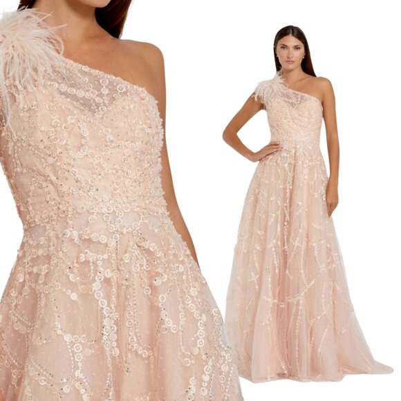 Mac Duggal 20389 Size 18 Peach Pink Embellished One Shoulder Feather Gown Dress - Picture 1 of 6